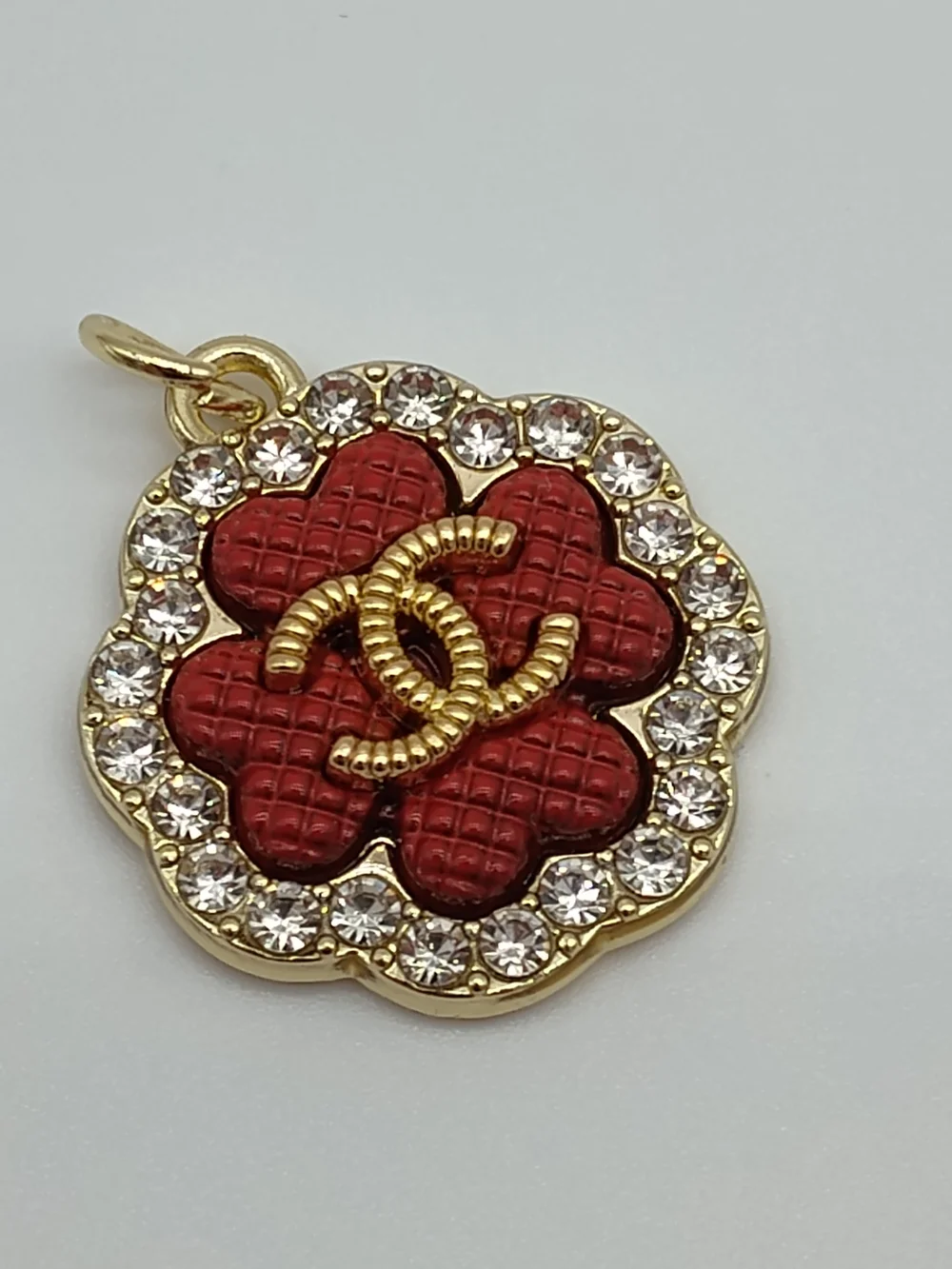 CHANEL Camellia Zipper Pull Charm Red Quilted Gold Rhinestone Accent Modern Era